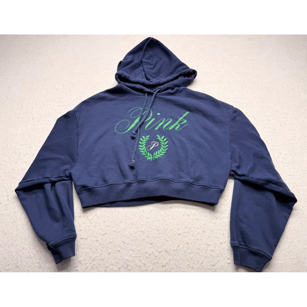 Pink Victoria's Secret Navy Blue Cropped Hoodie Green Graphic Small S Pullover